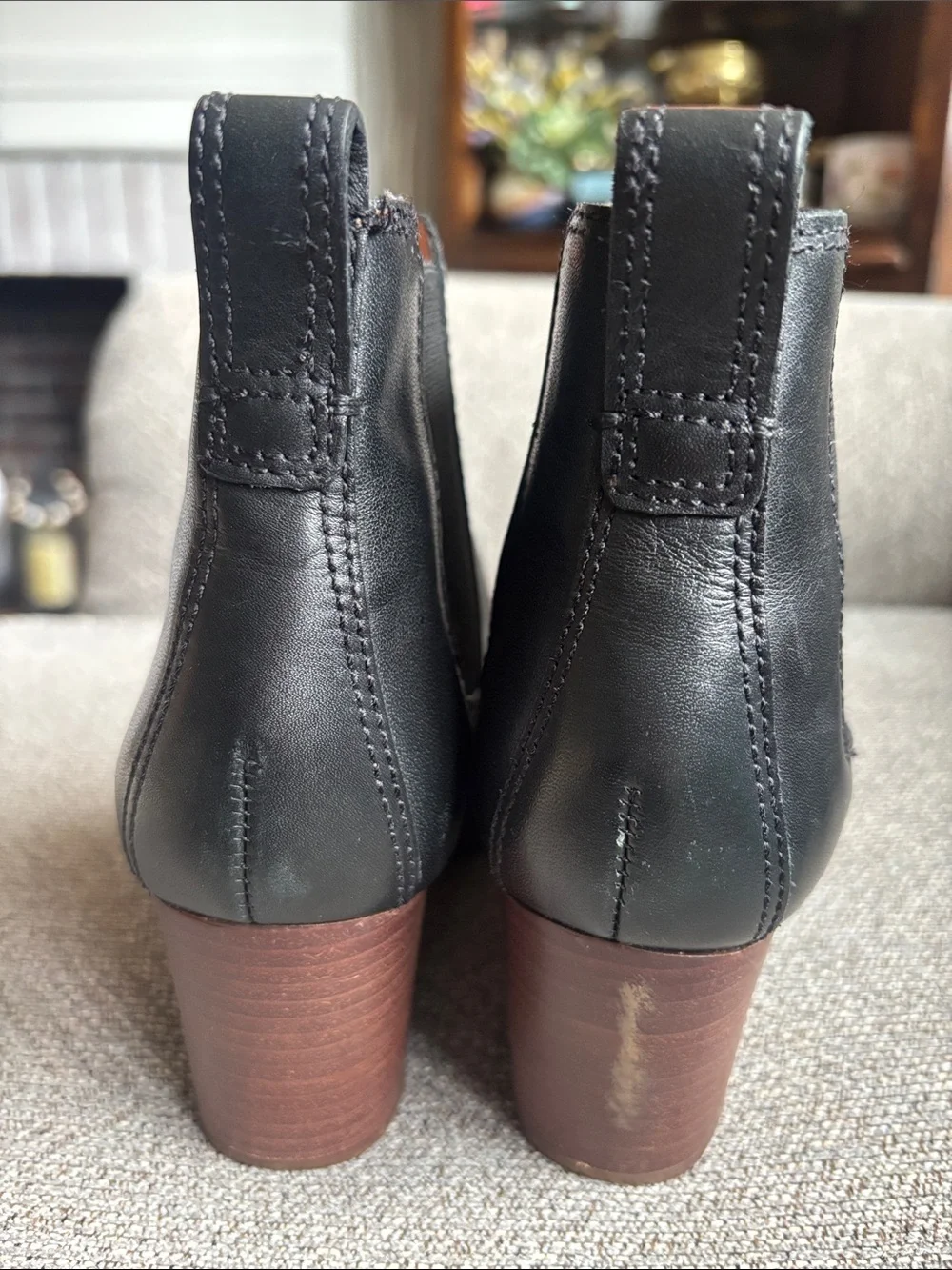 Madewell Black Leather Chelsea Ankle Boots with Brown Heel